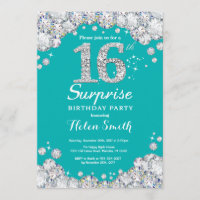 Surprise 16th Birthday Teal and Silver Diamond