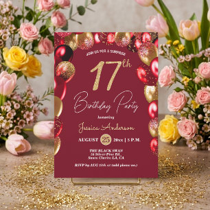 Surprise 17th Birthday Party Gold Burgundy Glitter Invitation