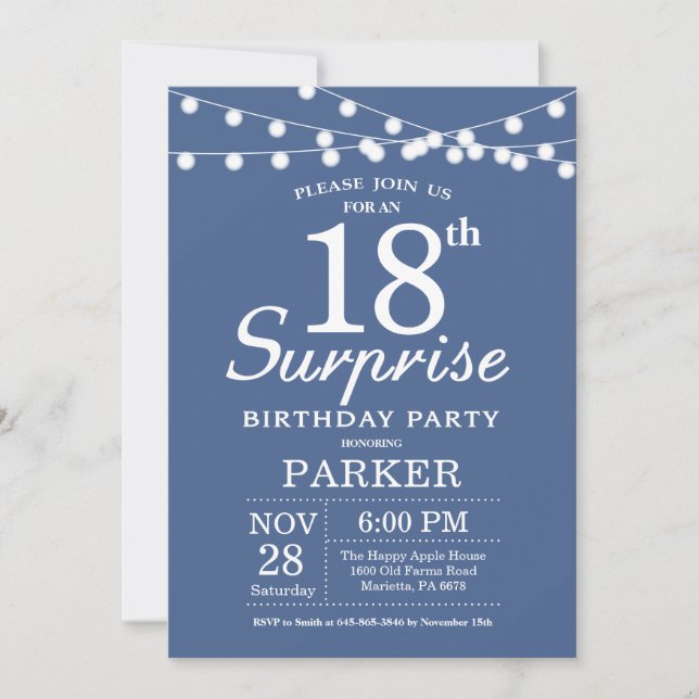 Surprise 18e anniversaire Invitation Bleu (Devant)