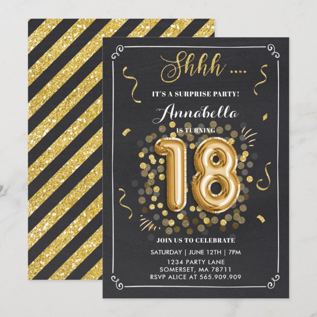 Surprise 18e anniversaire Invitation Gold Chalkboa (Devant / Derrière)