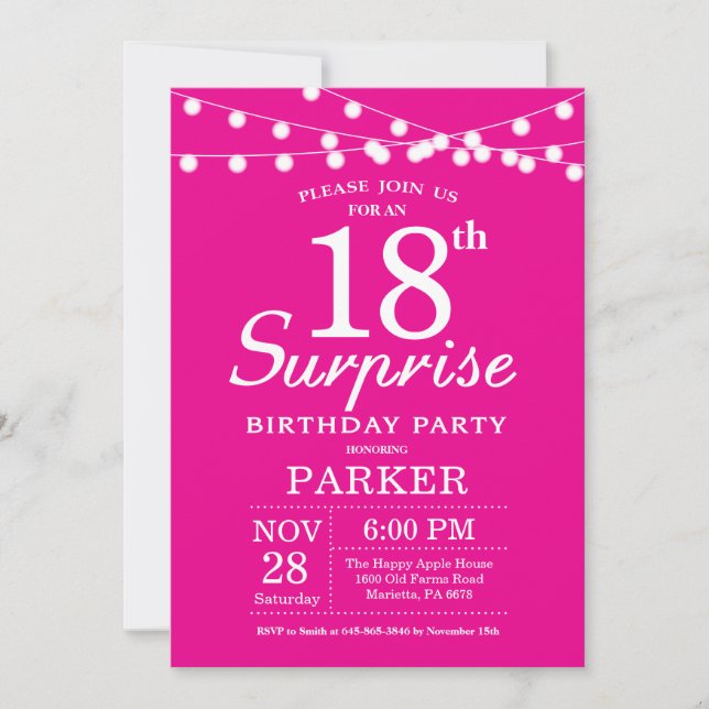 Surprise 18e anniversaire Invitation Hot Pink (Devant)
