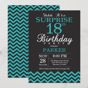 Surprise 18e anniversaire Invitation Noir et Turqu