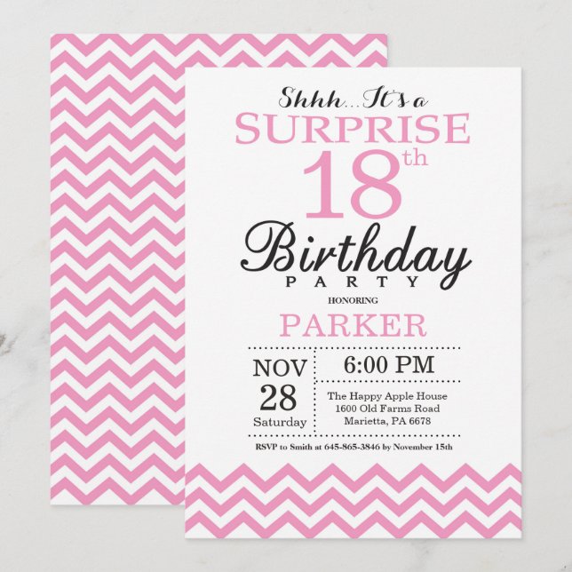 Surprise 18e anniversaire Invitation Pink Chevron (Devant / Derrière)