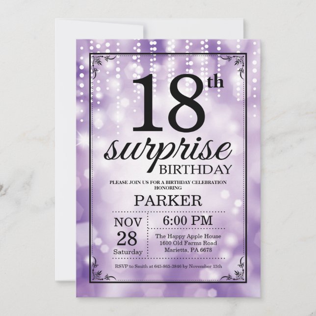 Surprise 18e anniversaire Invitation Purple Partie (Devant)