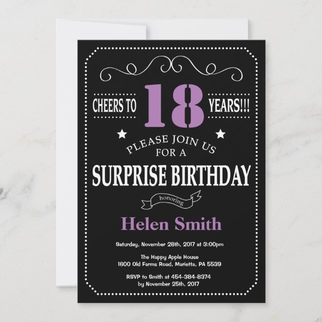 Surprise 18e anniversaire Invitation violet et noi (Devant)