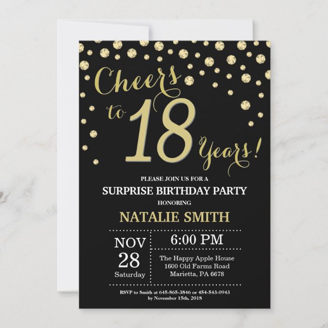 Surprise 18th Birthday Black and Gold Diamond Invitation (Front)