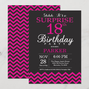 Surprise 18th Birthday Black and Hot Pink Invitation