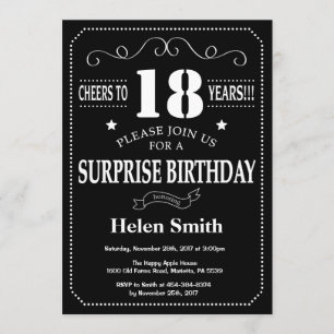 Surprise 18th Birthday Black and White Chalkboard Invitation