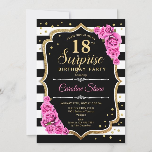 Surprise 18th Birthday - Black White Pink Invitation (Front)