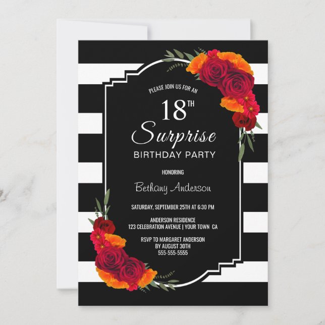 Surprise 18th Birthday Black White Striped Floral Invitation (Front)