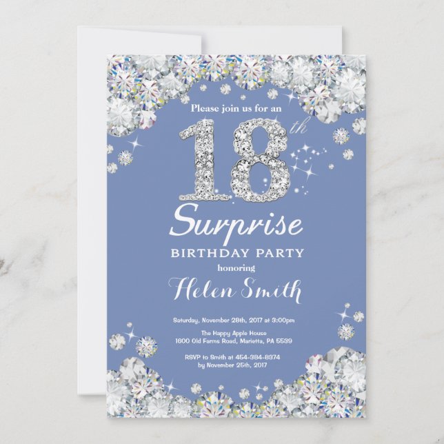 Surprise 18th Birthday Blue Silver Diamond Invitation (Front)