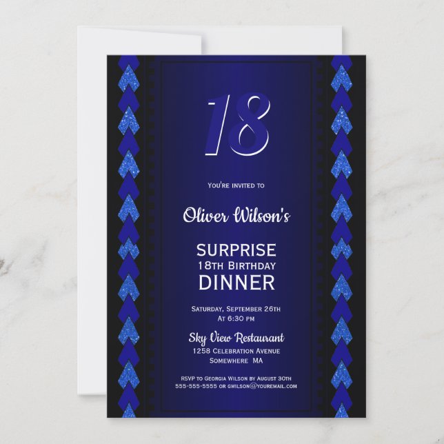 Surprise 18th Birthday Dinner Black and Blue Party Invitation (Front)
