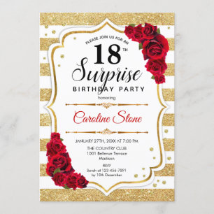 Surprise 18th Birthday - Gold White Red Invitation