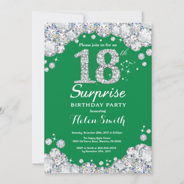 Surprise 18th Birthday Green and Silver Diamond Invitation (Front)