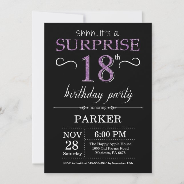 Surprise 18th Birthday Invitation Black and Purple (Front)