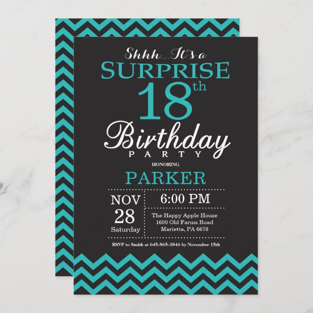 Surprise 18th Birthday Invitation Black and Teal (Front/Back)