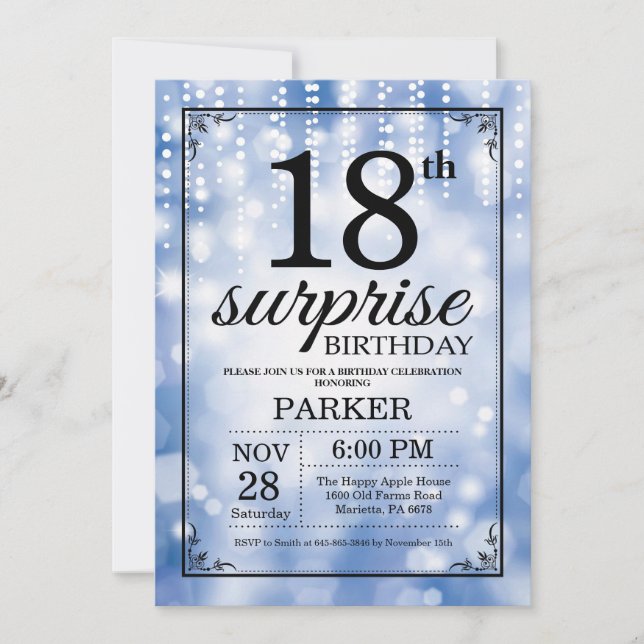 Surprise 18th Birthday Invitation Blue Glitter (Front)