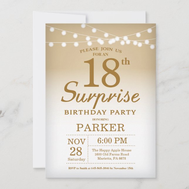 Surprise 18th Birthday Invitation Gold (Front)