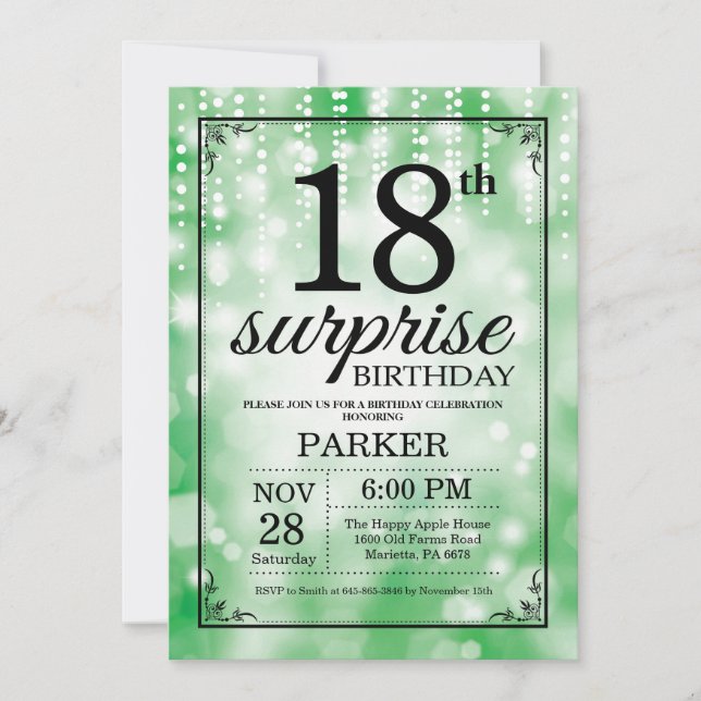 Surprise 18th Birthday Invitation Green Glitter (Front)