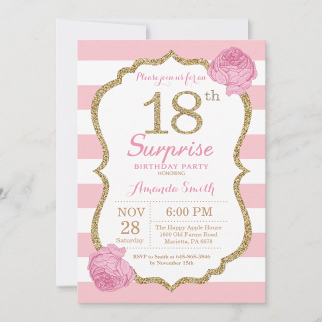 Surprise 18th Birthday Invitation Pink and Gold (Front)