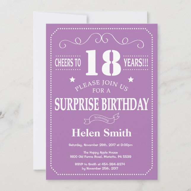 Surprise 18th Birthday Invitation Purple and White (Front)