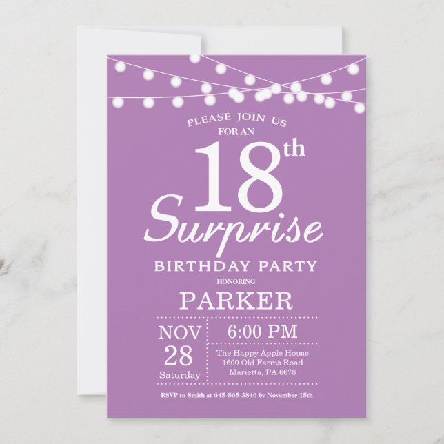 Surprise 18th Birthday Invitation Purple Lavender (Front)