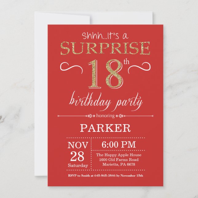 Surprise 18th Birthday Invitation Red and Gold (Front)