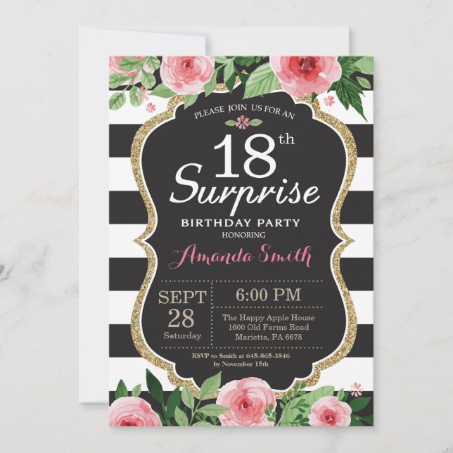 Surprise 18th Birthday Invitation Women. Floral (Front)