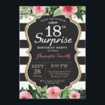 Surprise 18th Birthday Invitation Women. Floral<br><div class="desc">Surprise 18th Birthday Invitation for women girl teen lady. Black and Gold Birthday Party Invite. Gold Glitter. Pink Watercolor Floral Flower. Black and White Stripes. Chalkboard. Printable Digital. For further customization,  please click the "Customize it" button and use our design tool to modify this template.S</div>