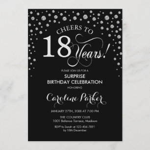 Surprise 18th Birthday Party - Black Silver Invitation