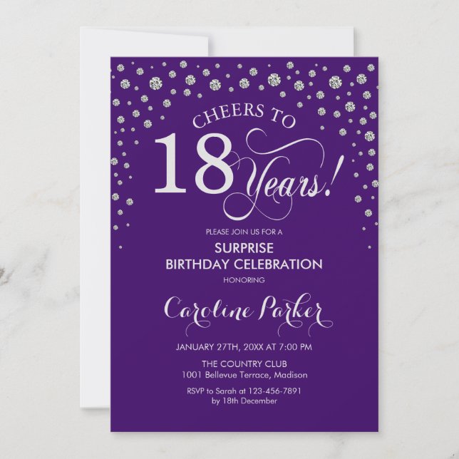 Surprise 18th Birthday Party - Purple Silver Invitation (Front)