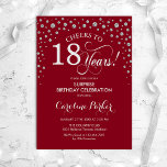 Surprise 18th Birthday Party - Red Silver Invitation<br><div class="desc">Surprise 18th Birthday Party Invitation.
Elegant design in dark red and faux glitter silver. Features script font and diamonds confetti. Cheers to 18 Years! Message me if you need further customization.</div>