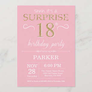 Surprise 18th Birthday Pink and Gold Glitter Invitation