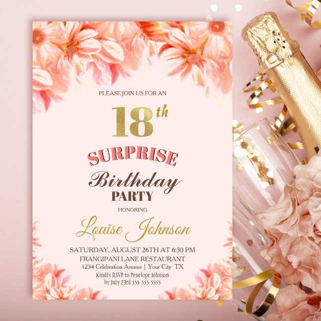 Surprise 18th Birthday Pink Gold Floral Party Invi Invitation (Creator Uploaded)