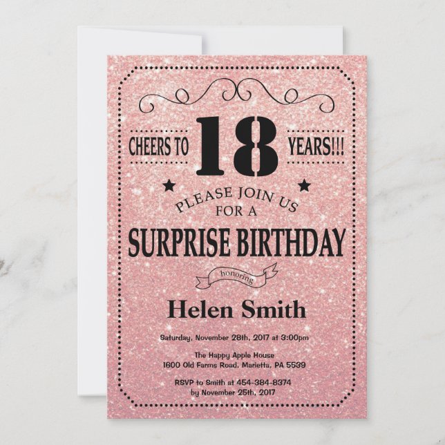 Surprise 18th Birthday Pink Rose Gold Glitter Invitation (Front)