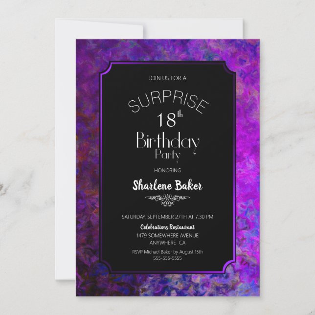 Surprise 18th Birthday Purple and Black Party Invitation (Front)