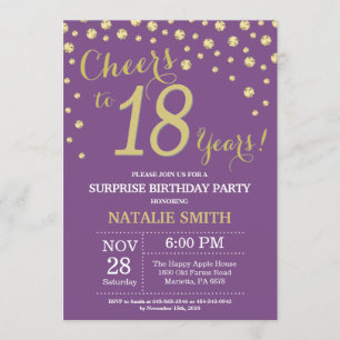 Surprise 18th Birthday Purple and Gold Diamond Invitation