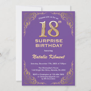 Surprise 18th Birthday Purple and Gold Glitter Invitation