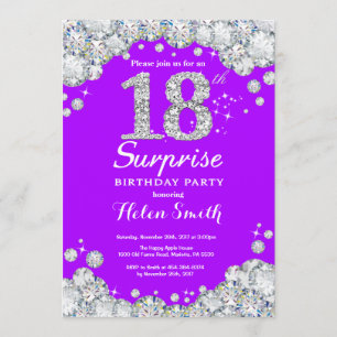Surprise 18th Birthday Purple and Silver Diamond Invitation
