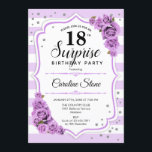 Surprise 18th Birthday - Purple White Invitation<br><div class="desc">Surprise 18th Birthday Invitation.
Feminine white,  lavender lilac design. Features stripes,  pastel purple roses,  script font and confetti. Perfect for an elegant birthday party. Can be personalized to show any age. Message me if you need further customization.</div>