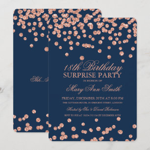 Surprise 18th Birthday Rose Gold Navy Glitter Invitation