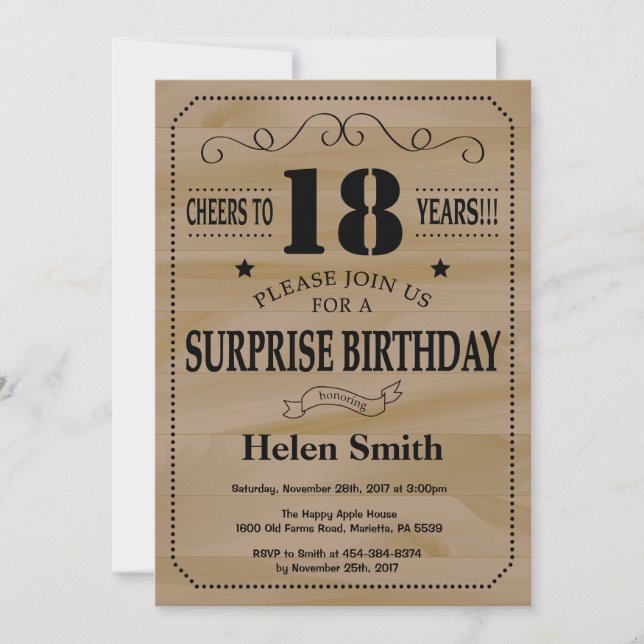 Surprise 18th Birthday Rustic Wood Invitation (Front)