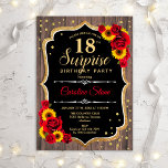 Surprise 18th Birthday - Rustic Wood Sunflowers Invitation<br><div class="desc">Surprise 18th Birthday Invitation.
Feminine rustic black,  white,  red design with faux glitter gold. Features wood pattern,  red roses,  sunflowers,  script font and confetti. Perfect for an elegant birthday party. Can be personalized to show any age. Message me if you need further customization.</div>