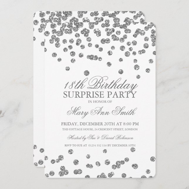 Surprise 18th Birthday Silver Glitter Confetti Invitation (Front/Back)