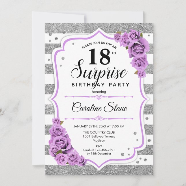 Surprise 18th Birthday - Silver White Purple Invitation (Front)