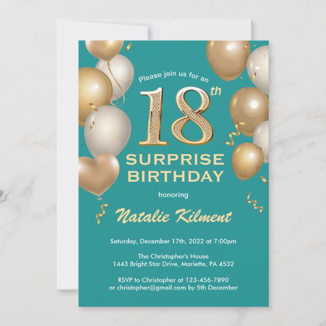 Surprise 18th Birthday Teal and Gold Balloons Invitation (Front)