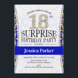 Surprise 18th Birthday - White Gold Royal Blue Invitation<br><div class="desc">Surprise 18th Birthday Party Invitation.
Elegant design in faux glitter gold,  white and royal blue.</div>