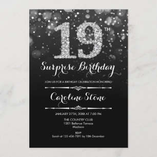 Surprise 19th Birthday - Black Silver Invitation