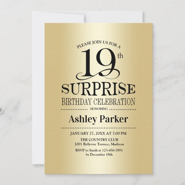 Surprise 19th Birthday Party - Gold Invitation (Front)
