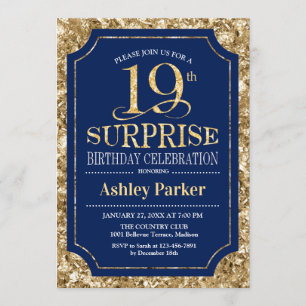 Surprise 19th Birthday Party - Gold Navy Invitation
